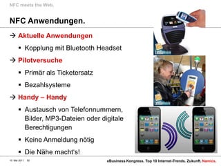 NFC meets the Web.


NFC Anwendungen.
 Aktuelle Anwendungen
        Kopplung mit Bluetooth Headset
 Pilotversuche
        Primär als Ticketersatz
        Bezahlsysteme
 Handy – Handy
        Austausch von Telefonnummern,
         Bilder, MP3-Dateien oder digitale
         Berechtigungen
        Keine Anmeldung nötig
        Die Nähe macht„s!
10. Mai 2011   52                   eBusiness Kongress. Top 10 Internet-Trends. Zukunft. Namics.
 