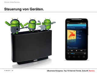Voice Interfaces.


Steuerung von Geräten.




10. Mai 2011   63        eBusiness Kongress. Top 10 Internet-Trends. Zukunft. Namics.
 