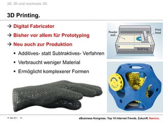 3D, 3D und nochmals 3D.


3D Printing.
 Digital Fabricator
 Bisher vor allem für Prototyping
 Neu auch zur Produktion
        Additives- statt Subtraktives- Verfahren
        Verbraucht weniger Material
        Ermöglicht komplexerer Formen




10. Mai 2011   73                    eBusiness Kongress. Top 10 Internet-Trends. Zukunft. Namics.
 