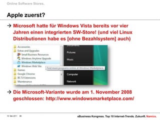 Online Software Stores.


Apple zuerst?
 Microsoft hatte für Windows Vista bereits vor vier
  Jahren einen integrierten SW-Store! (und viel Linux
  Distributionen habe es [ohne Bezahlsystem] auch)




 Die Microsoft-Variante wurde am 1. November 2008
  geschlossen: http://www.windowsmarketplace.com/


10. Mai 2011   89            eBusiness Kongress. Top 10 Internet-Trends. Zukunft. Namics.
 