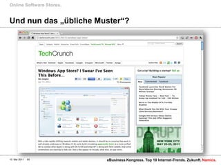 Online Software Stores.


Und nun das „übliche Muster“?




10. Mai 2011   93         eBusiness Kongress. Top 10 Internet-Trends. Zukunft. Namics.
 