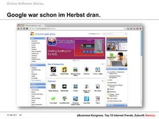 Online Software Stores.


Google war schon im Herbst dran.




10. Mai 2011   94         eBusiness Kongress. Top 10 Internet-Trends. Zukunft. Namics.
 