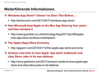 Online Software Stores.


Weiterführende Informationen.
 Windows App Store? I Swear I‟ve Seen This Before…
        http://techcrunch.com/2011/04/11/windows-app-store/
 How Microsoft beat Apple to the Mac App Store by four years -
  and then dumped it
        http://www.guardian.co.uk/technology/blog/2011/jan/08/apple-
         mac-app-store-windows-marketplace
 The Apple (App) Store Economy
        http://gigaom.com/2010/01/12/the-apple-app-store-economy/
 Amazon.com tries to toss Apple „app store‟ trademark suit,
  cites Steve Jobs in its own defense
        http://www.geekwire.com/2011/amazon-seeks-to-toss-apple-app-
         store-suit-cites-steve-jobs-in-its-defense
10. Mai 2011   97                     eBusiness Kongress. Top 10 Internet-Trends. Zukunft. Namics.
 