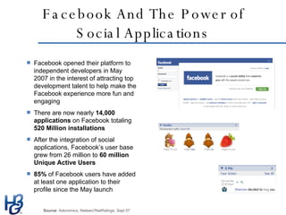 Facebook And The Power of Social Applications <ul><li>Facebook opened their platform to independent developers in May 2007...