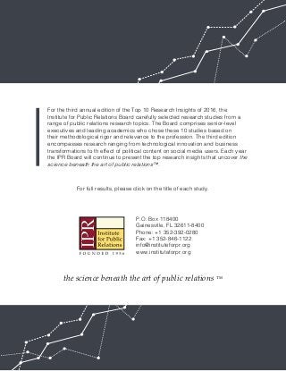 P.O. Box 118400
Gainesville, FL 32611-8400
Phone: +1 352-392-0280
Fax: +1 352-846-1122
info@instituteforpr.org
www.institu...