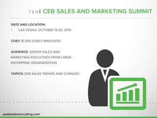 peaksalesrecruiting.com
T E N | CEB SALES AND MARKETING SUMMIT
DATE AND LOCATION:
•	 LAS VEGAS: OCTOBER 18-20, 2016
COST: $1,595 (EARLY-BIRD RATE)
AUDIENCE: SENIOR SALES AND
MARKETING EXECUTIVES FROM LARGE
ENTERPRISE ORGANIZATIONS
TOPICS: B2B SALES TRENDS AND CHANGES
 