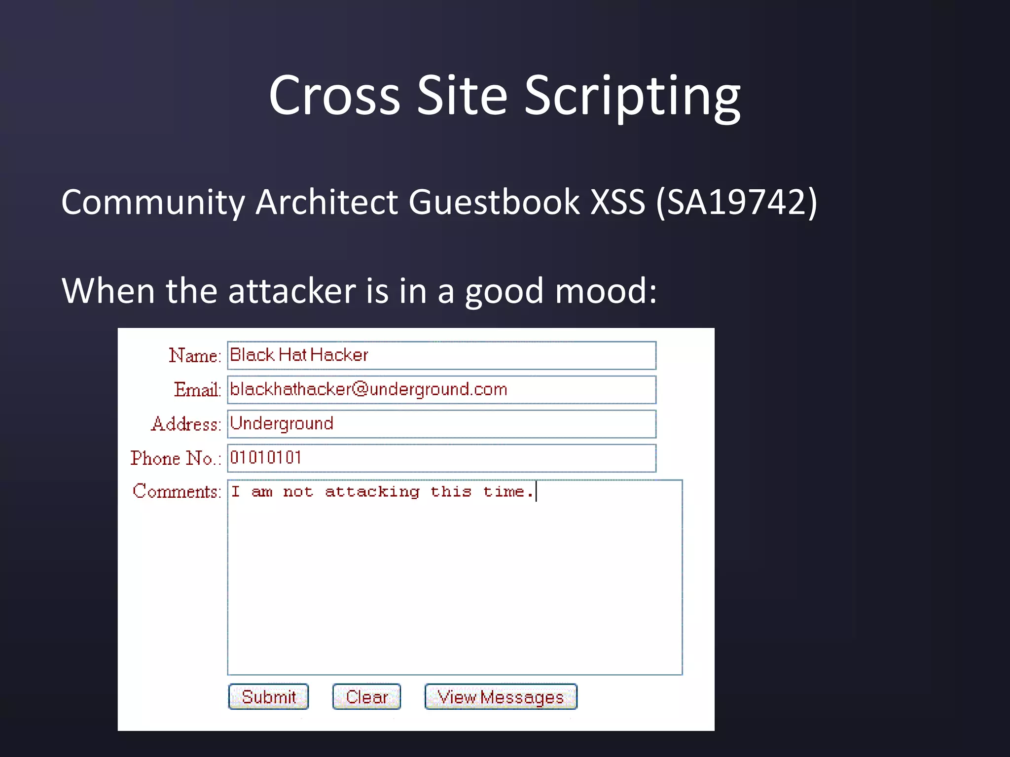 Cross Site Scripting
Community Architect Guestbook XSS (SA19742)
When the attacker is in a good mood:
 