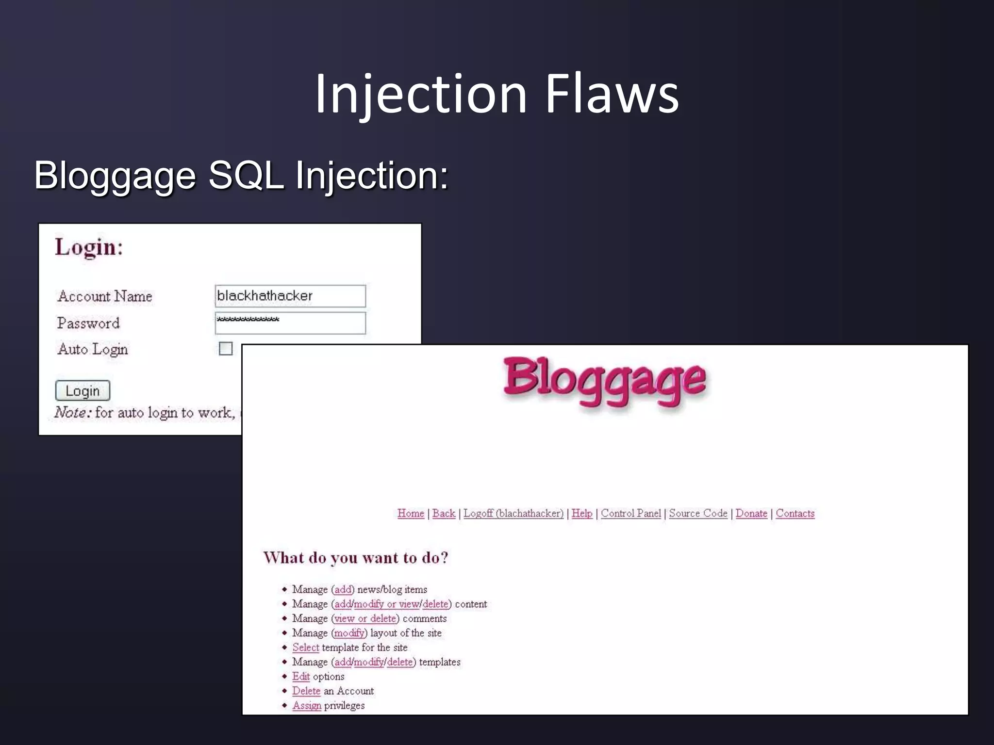 Injection Flaws
Bloggage SQL Injection:
 