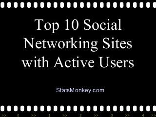 >> 0 >> 1 >> 2 >> 3 >> 4 >>
Top 10 Social
Networking Sites
with Active Users
StatsMonkey.com
 