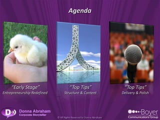 Agenda




     “Early Stage”              “Top Tips”          “Top Tips”
Entrepreneurship Redefined   Structure & Content   Delivery & Polish
 