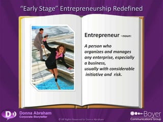 “Early Stage” Entrepreneurship Redefined


                    Entrepreneur –noun:
                    A person who
                    organizes and manages
                    any enterprise, especially
                    a business,
                    usually with considerable
                    initiative and risk.
 