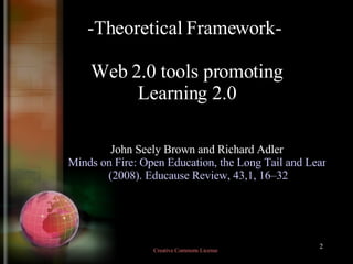 -Theoretical Framework-  Web 2.0 tools promoting Learning 2.0 John Seely Brown and Richard Adler Minds on Fire: Open Education, the Long Tail and Learnng 2.0   (2008). Educause Review, 43,1, 16–32 Creative Commons License  