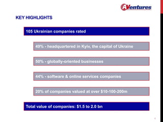 KEY HIGHLIGHTS
105 Ukrainian companies rated
49% - headquartered in Kyiv, the capital of Ukraine
50% - globally-oriented businesses
44% - software & online services companies
20% of companies valued at over $10-100-200m
Total value of companies: $1.5 to 2.0 bn
1
 