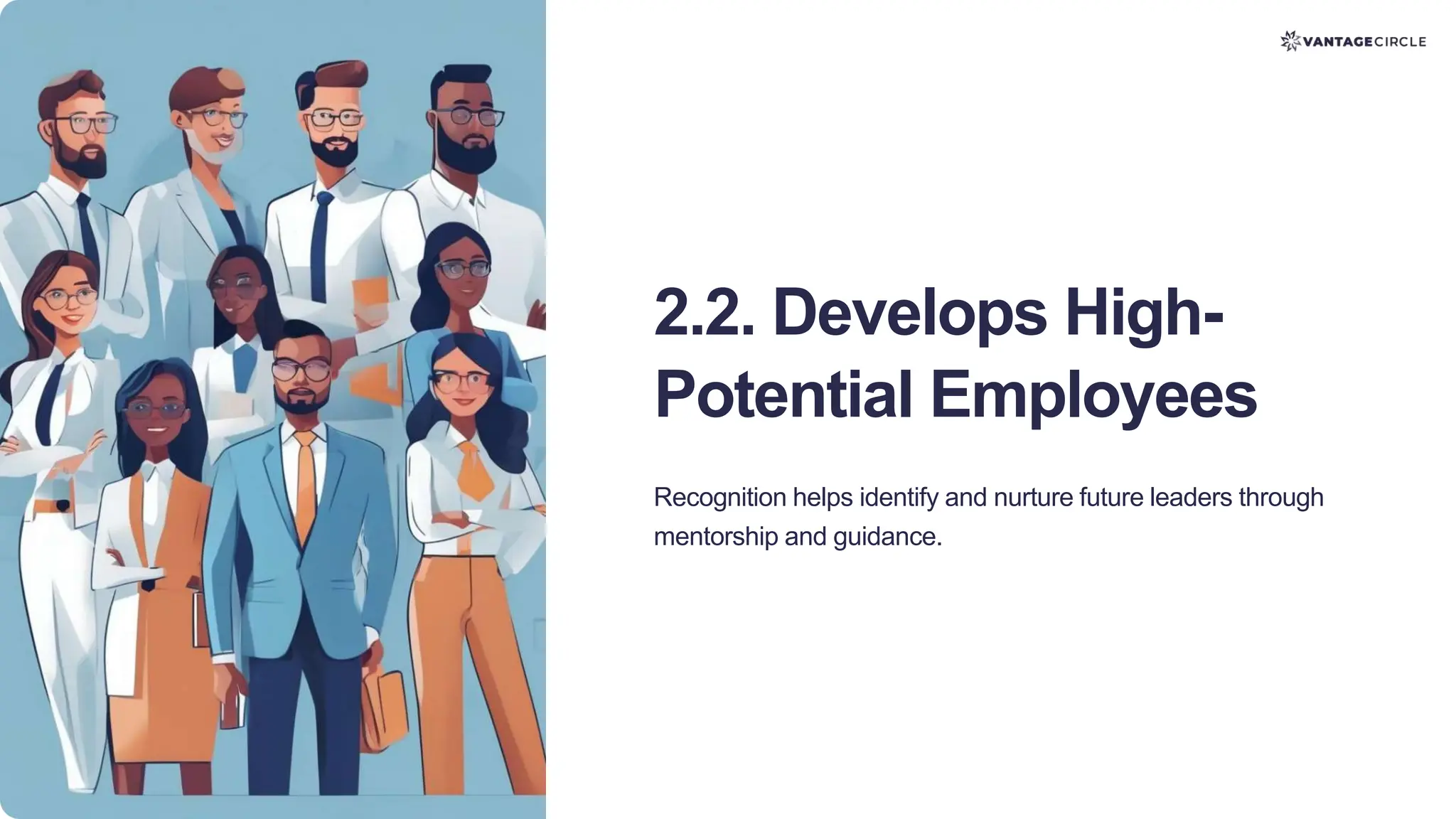 2.2. Develops High-
Potential Employees
Recognition helps identify and nurture future leaders through
mentorship and guidance.
 