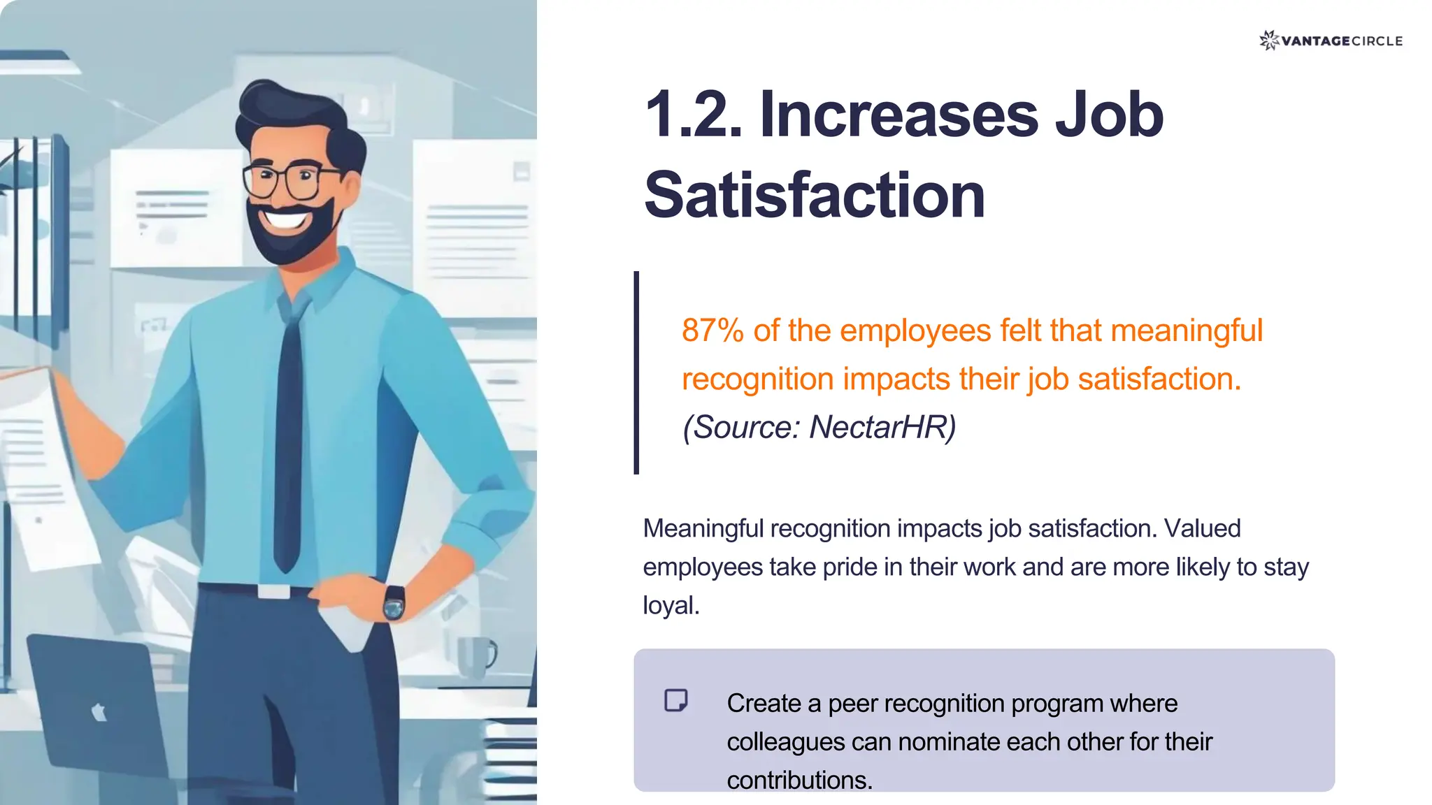 1.2. Increases Job
Satisfaction
87% of the employees felt that meaningful
recognition impacts their job satisfaction.
(Source: NectarHR)
Meaningful recognition impacts job satisfaction. Valued
employees take pride in their work and are more likely to stay
loyal.
Create a peer recognition program where
colleagues can nominate each other for their
contributions.
 