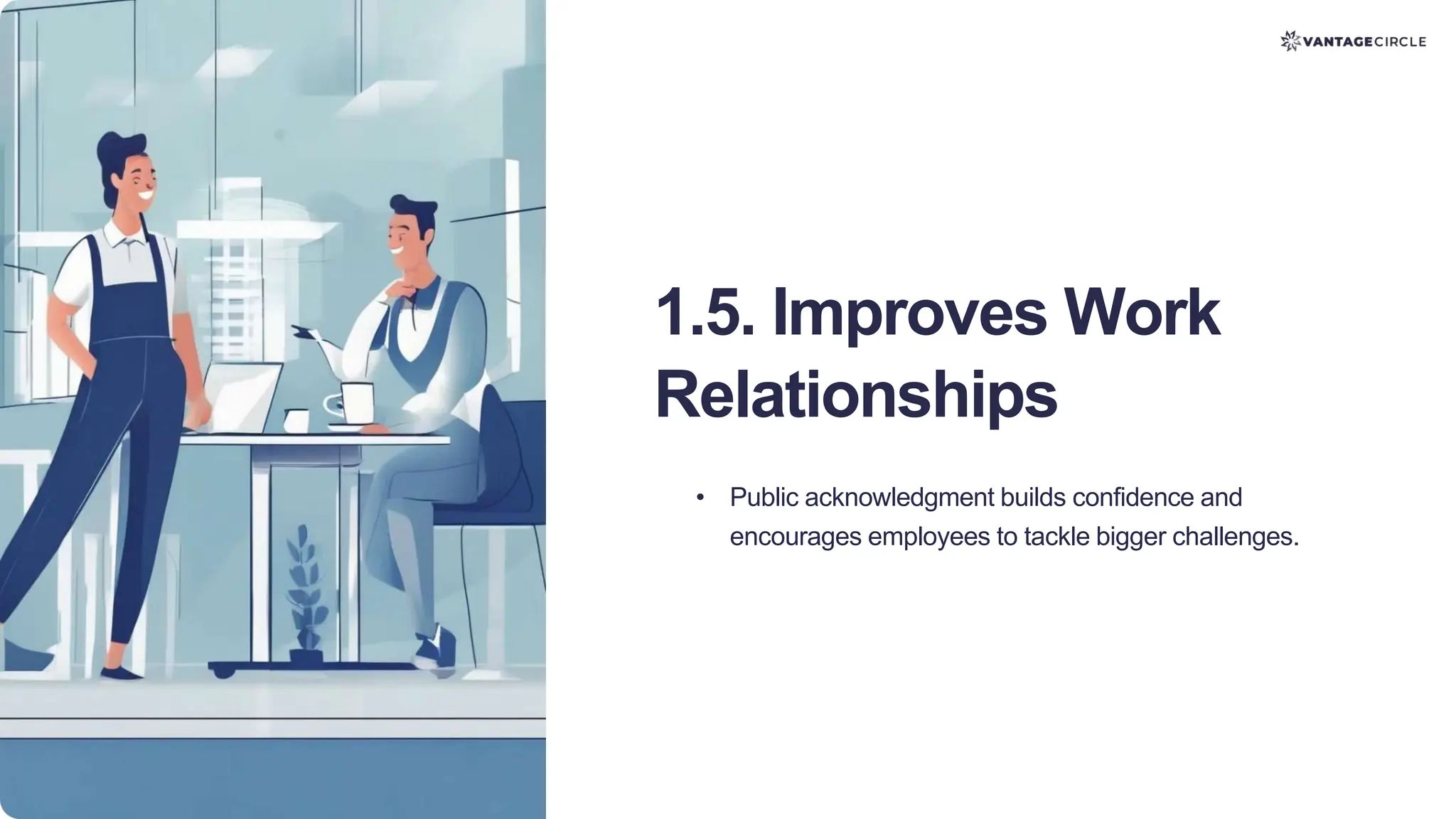 1.5. Improves Work
Relationships
• Public acknowledgment builds confidence and
encourages employees to tackle bigger challenges.
 