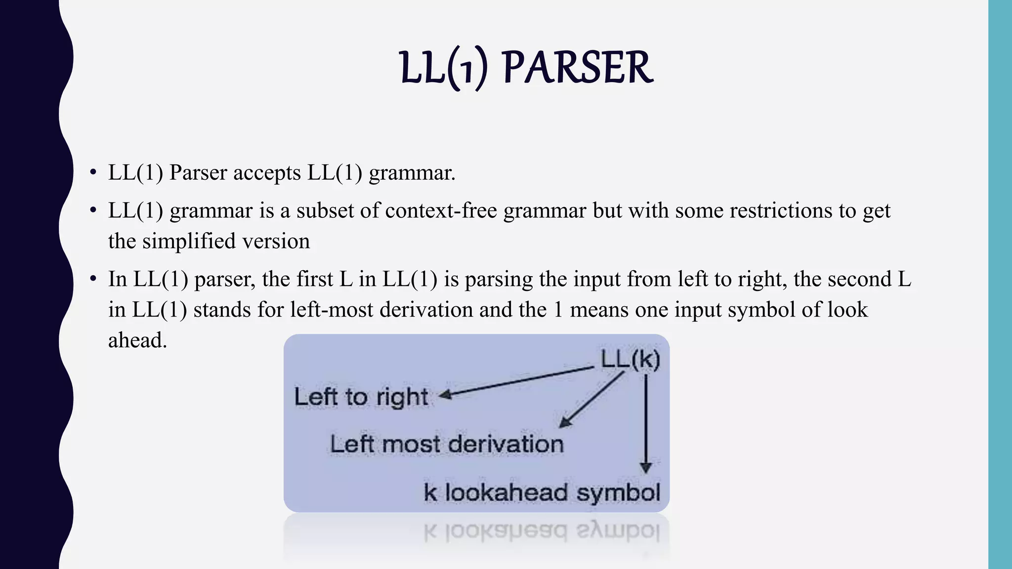 LL(1) PARSER
• LL(1) Parser accepts LL(1) grammar.
• LL(1) grammar is a subset of context-free grammar but with some restrictions to get
the simplified version
• In LL(1) parser, the first L in LL(1) is parsing the input from left to right, the second L
in LL(1) stands for left-most derivation and the 1 means one input symbol of look
ahead.
 