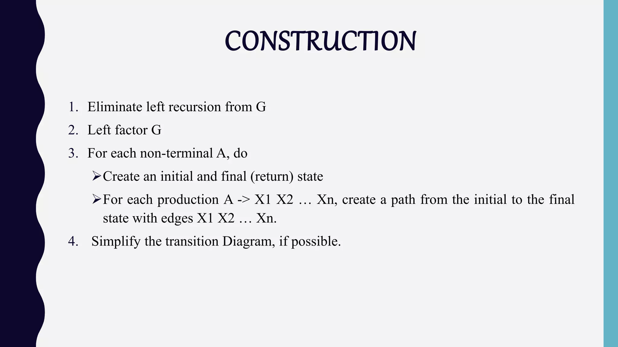 CONSTRUCTION
1. Eliminate left recursion from G
2. Left factor G
3. For each non-terminal A, do
Create an initial and final (return) state
For each production A -> X1 X2 … Xn, create a path from the initial to the final
state with edges X1 X2 … Xn.
4. Simplify the transition Diagram, if possible.
 