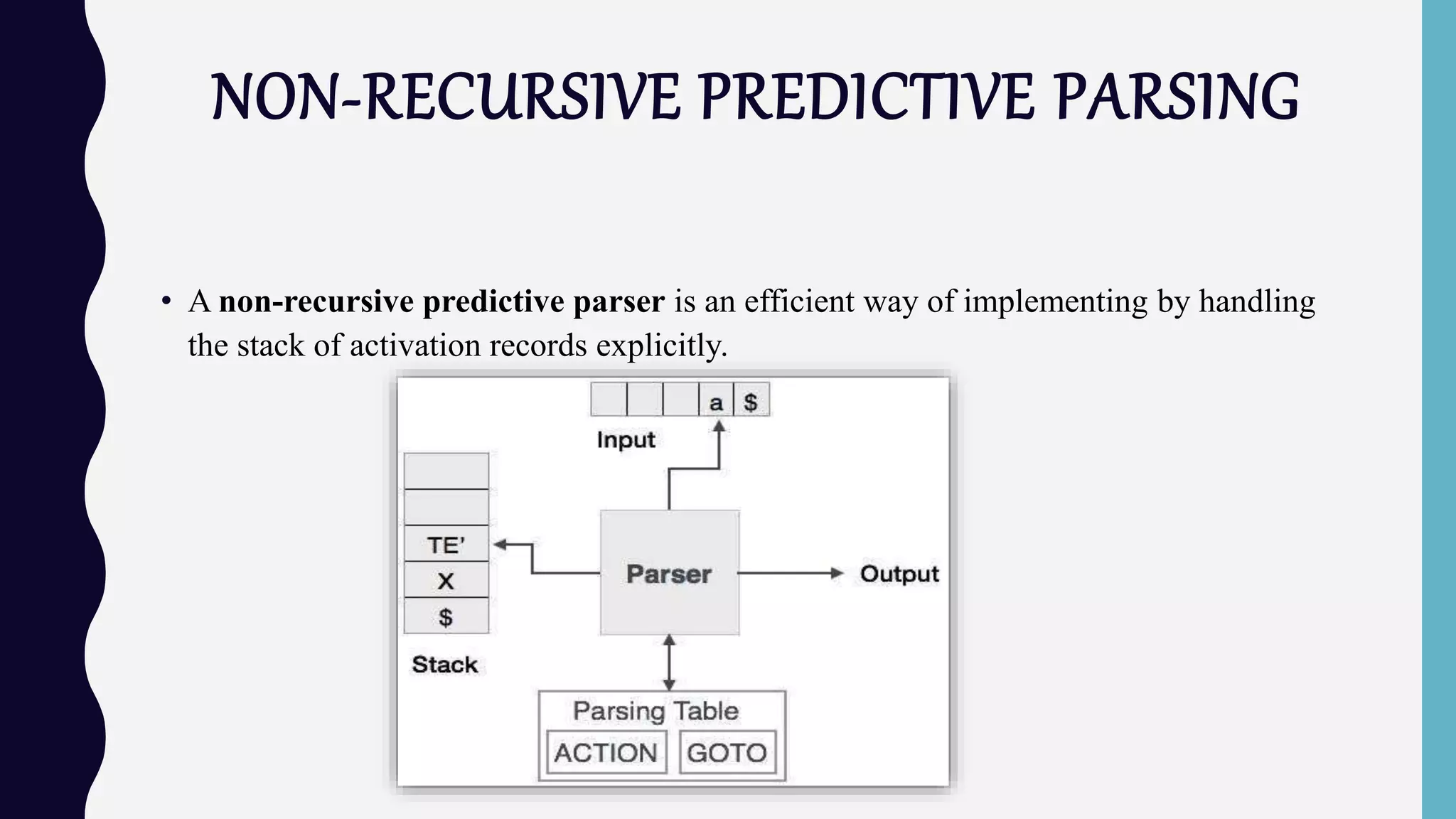 NON-RECURSIVE PREDICTIVE PARSING
• A non-recursive predictive parser is an efficient way of implementing by handling
the stack of activation records explicitly.
 