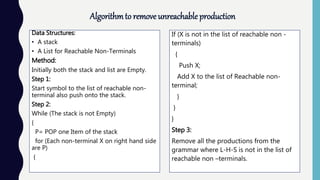 Data Structures:
• A stack
• A List for Reachable Non-Terminals
Method:
Initially both the stack and list are Empty.
Step 1:
Start symbol to the list of reachable non-
terminal also push onto the stack.
Step 2:
While (The stack is not Empty)
{
P= POP one Item of the stack
for (Each non-terminal X on right hand side
are P)
{
If (X is not in the list of reachable non -
terminals)
{
Push X;
Add X to the list of Reachable non-
terminal;
}
}
}
Step 3:
Remove all the productions from the
grammar where L-H-S is not in the list of
reachable non –terminals.
Algorithmto remove unreachable production
 