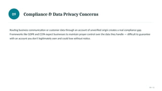 09 Compliance & Data Privacy Concerns
Routing business communication or customer data through an account of unverified origin creates a real compliance gap.
Frameworks like GDPR and CCPA expect businesses to maintain proper control over the data they handle — difficult to guarantee
with an account you don't legitimately own and could lose without notice.
09 / 11
 