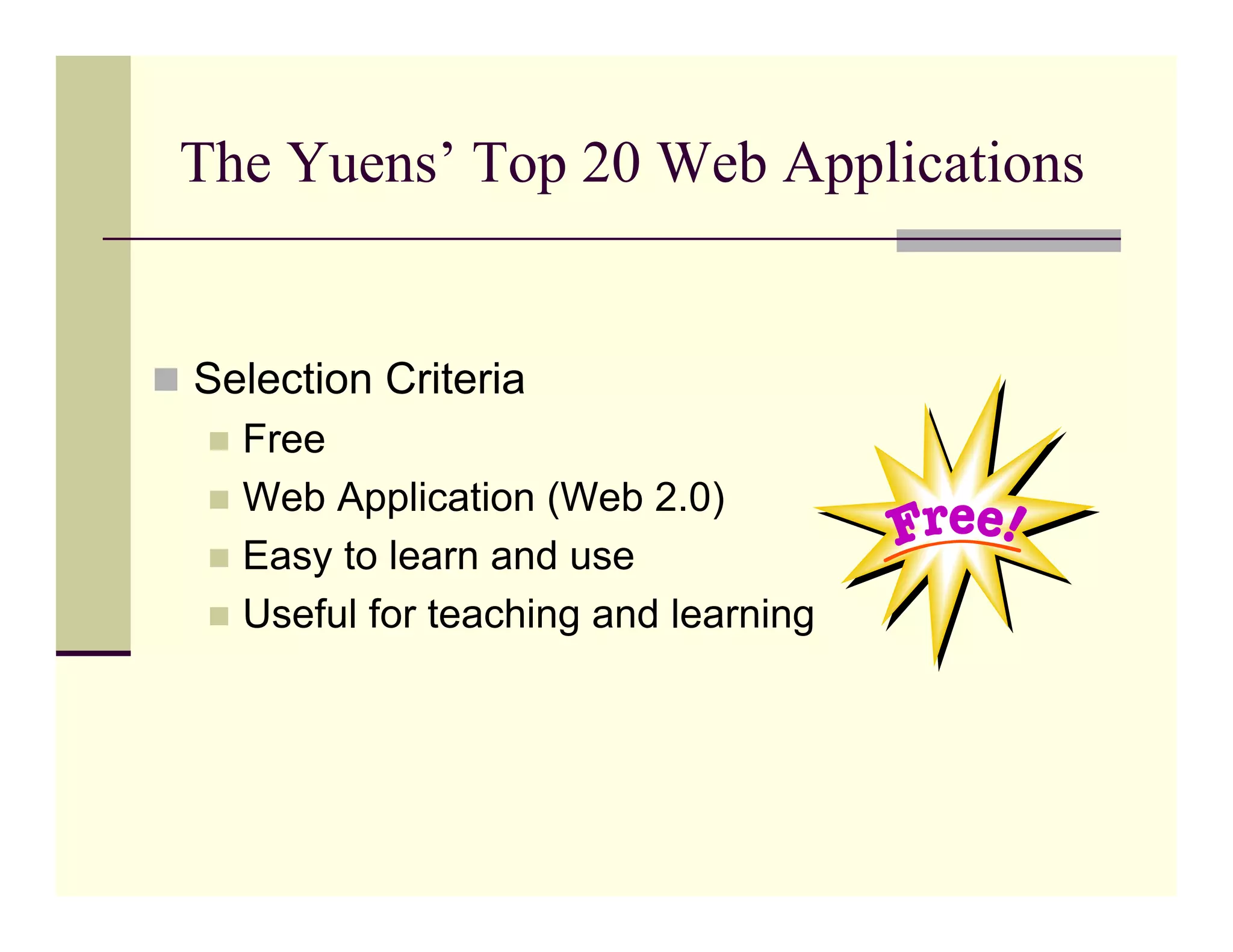 Top 20 Free Web Applications for Teachers and Librarians