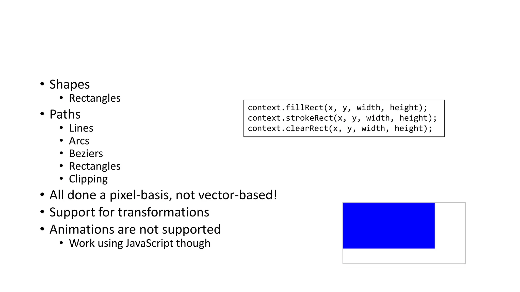 • Shapes
• Rectangles
• Paths
• Lines
• Arcs
• Beziers
• Rectangles
• Clipping
• All done a pixel-basis, not vector-based!
• Support for transformations
• Animations are not supported
• Work using JavaScript though
context.fillRect(x, y, width, height);
context.strokeRect(x, y, width, height);
context.clearRect(x, y, width, height);
 