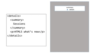<details>
<summary>
Sessions
</summary>
<p>HTML5 what’s new</p>
</details>
summary
details
 