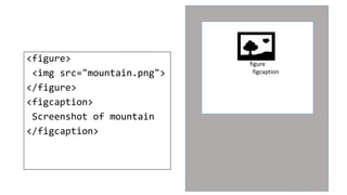 <figure>
<img src="mountain.png">
</figure>
<figcaption>
Screenshot of mountain
</figcaption>
figure
figcaption
 