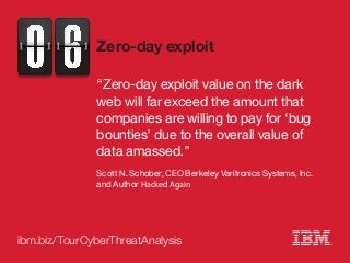 ibm.biz/TourCyberThreatAnalysis
“Zero-day exploit value on the dark
web will far exceed the amount that
companies are will...