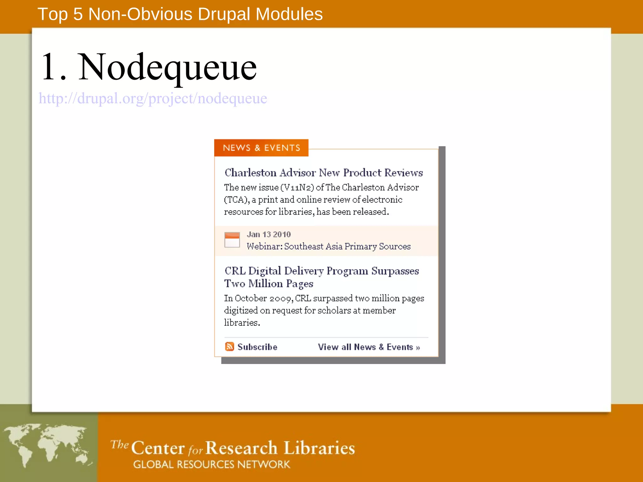 1. Nodequeue http://drupal.org/project/nodequeue Top 5 Non-Obvious Drupal Modules 