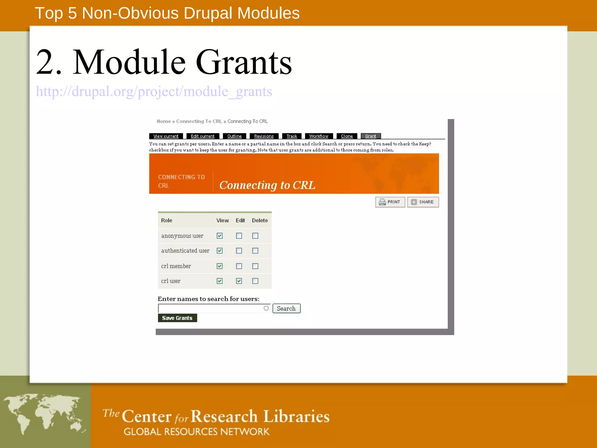 2. Module Grants http://drupal.org/project/module_grants Top 5 Non-Obvious Drupal Modules 