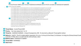 1 2 3 4 5
6
7
1 Thread Name - InvoiceThread-A996
2 Priority - Can have values from 1 to 10
3 Thread Id - 0x00002b7cfc6fb000 – Unique ID assigned by JVM. It's returned by calling the Thread.getId() method.
4 Native Id - 0x4479 - This ID is highly platform dependent. On Linux, it's the pid of the thread. On Windows, it's simply the OS-level thread ID with
a process. On Mac OS X, it is said to be the native pthread_t value.
5 Address space - 0x00002b7d17ab8000 -
6 Thread State - RUNNABLE
7 Stack trace -
21
 