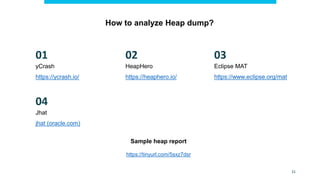 How to analyze Heap dump?
jhat (oracle.com)
Jhat
Eclipse MAT
https://www.eclipse.org/mat
HeapHero
https://heaphero.io/
04
03
02
https://tinyurl.com/5sxz7dsr
Sample heap report
yCrash
https://ycrash.io/
01
31
 
