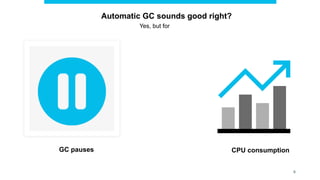 6
Automatic GC sounds good right?
Yes, but for
GC pauses CPU consumption
 