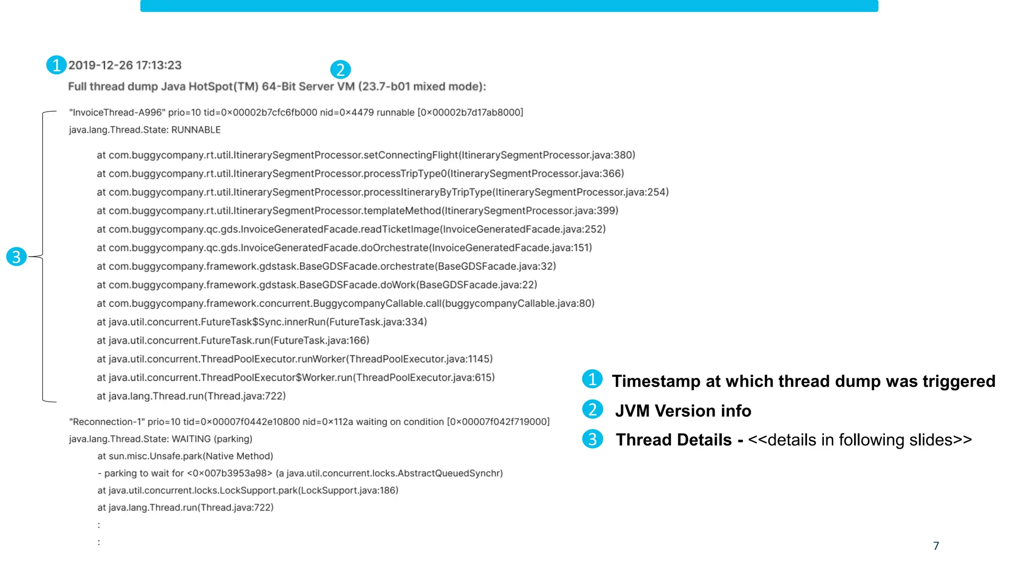 1 2
3
1 Timestamp at which thread dump was triggered
2 JVM Version info
3 Thread Details - <<details in following slides>>
7
 