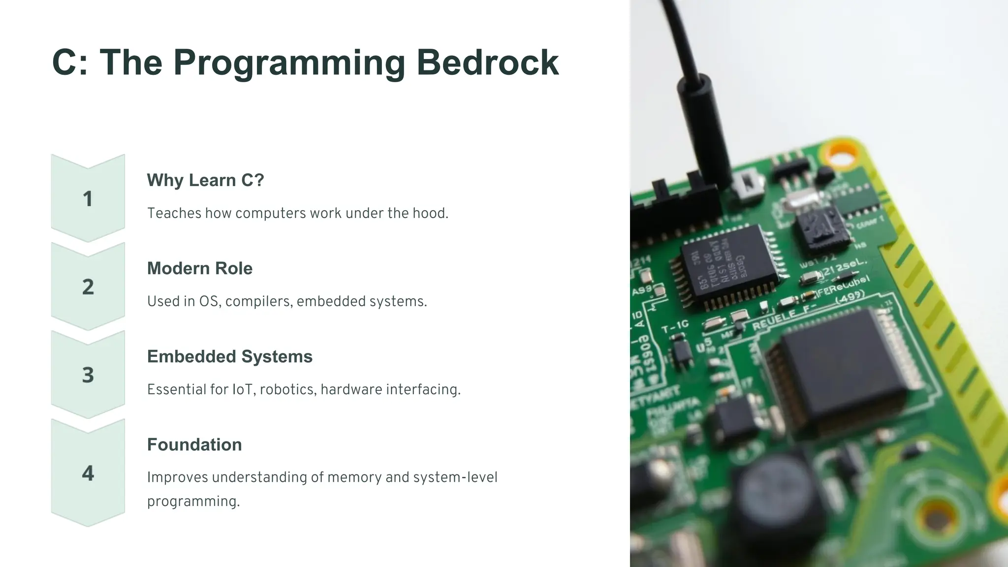 C: The Programming Bedrock
Why Learn C?
Teaches how computers work under the hood.
Modern Role
Used in OS, compilers, embedded systems.
Embedded Systems
Essential for IoT, robotics, hardware interfacing.
Foundation
Improves understanding of memory and system-level
programming.
 