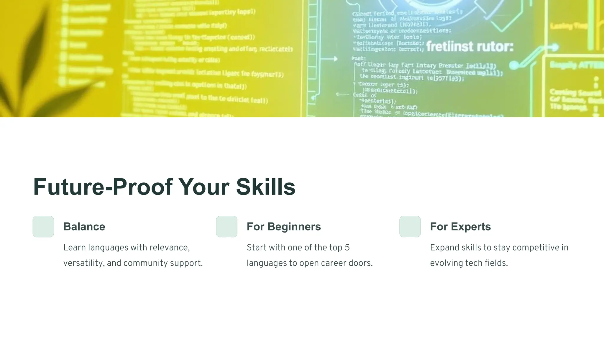Future-Proof Your Skills
Balance
Learn languages with relevance,
versatility, and community support.
For Beginners
Start with one of the top 5
languages to open career doors.
For Experts
Expand skills to stay competitive in
evolving tech fields.
 