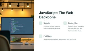 JavaScript: The Web
Backbone
Ubiquity
Runs everywhere, powering
interactive web experiences.
Modern Use
Supports single-page apps,
real-time web apps, and
frameworks like React.
Full-Stack
Node.js enables backend development with JavaScript.
 