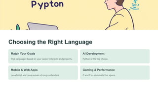 Choosing the Right Language
Match Your Goals
Pick languages based on your career interests and projects.
AI Development
Python is the top choice.
Mobile & Web Apps
JavaScript and Java remain strong contenders.
Gaming & Performance
C and C++ dominate this space.
 