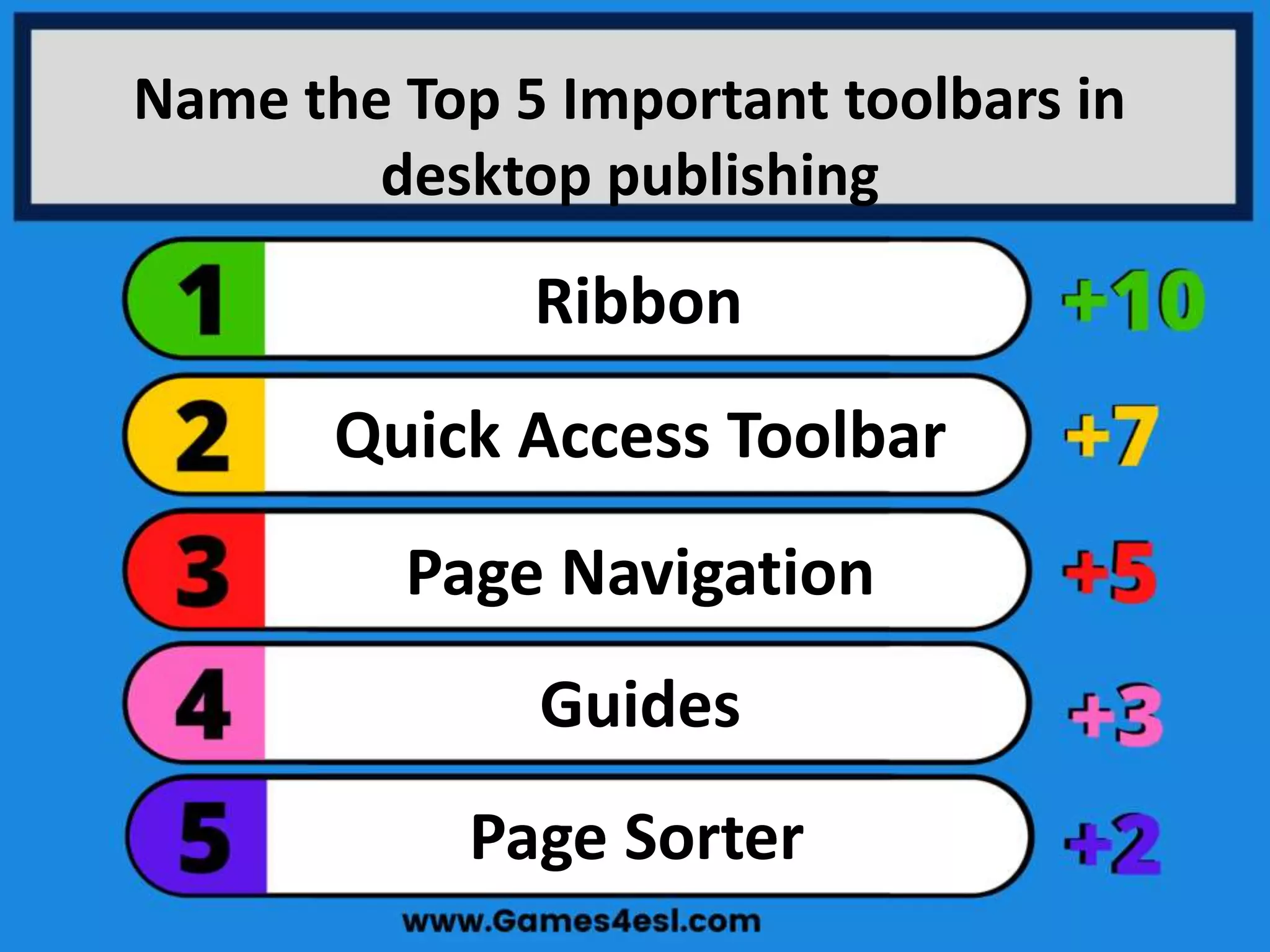 Name the Top 5 Important toolbars in
desktop publishing
Page Sorter
Guides
Page Navigation
Quick Access Toolbar
Ribbon