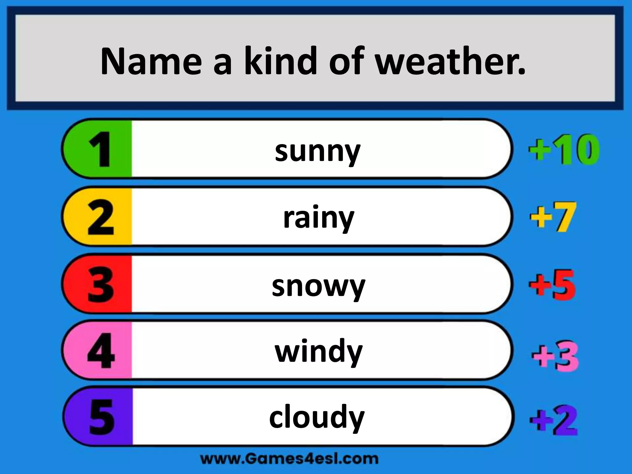 Name a kind of weather.
cloudy
windy
snowy
rainy
sunny