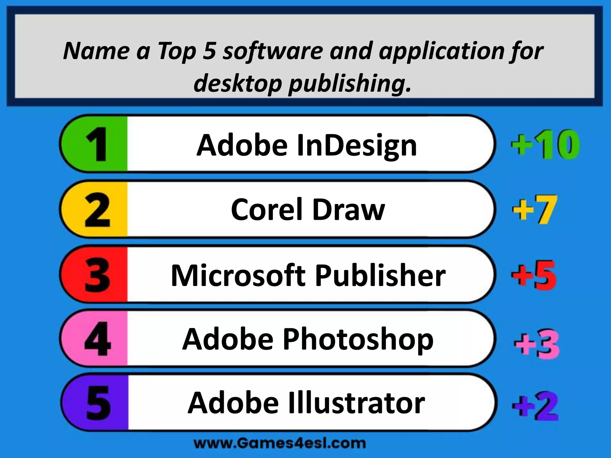 Name a Top 5 software and application for
desktop publishing.
Adobe Illustrator
Adobe Photoshop
Microsoft Publisher
Corel Draw
Adobe InDesign