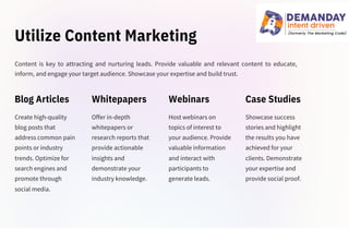 Utilize Content Marketing
Create high-quality
blog posts that
address common pain
points or industry
trends. Optimize for
search engines and
promote through
social media.
Offer in-depth
whitepapers or
research reports that
provide actionable
insights and
demonstrate your
industry knowledge.
Host webinars on
topics of interest to
your audience. Provide
valuable information
and interact with
participants to
generate leads.
Content is key to attracting and nurturing leads. Provide valuable and relevant content to educate,
inform, and engage your target audience. Showcase your expertise and build trust.
Showcase success
stories and highlight
the results you have
achieved for your
clients. Demonstrate
your expertise and
provide social proof.
Blog Articles Whitepapers Webinars Case Studies
 