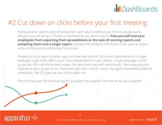 Top 5 ways dashboards can change your day 
2 
apparatus.net | 
#2 Cut down on clicks before your first meeting 
Pulling several reports and compiling them each day is a tedious job no one actually wants. Why are you still doing it? Thanks to dashboards, you don’t have to. Free yourself and your employees from exporting from spreadsheets or the task of running reports and compiling them into a single report. Dashboards combine information from several subject areas and locations automating the process. 
Prepare for your day in a better way; you have two options: Store your dashboards on a single webpage or get them right to your inbox (dependent on size). Ideally, a single webpage is best as you can drill into the problem areas. You win either way with dashboards. Start assessing the hospital as soon as you arrive. Physicians plan their rounds. Nurse managers immediately address scheduling. The CFO gets an idea of the payer mix. 
The end has come for locating reports to assess the hospital. Feel free to let out a “yippee!”  