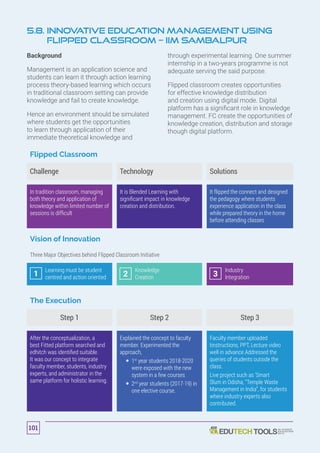 5.8. Innovative Education Management Using
Flipped Classroom – IIM Sambalpur
Background
Management is an application science and
students can learn it through action learning
process theory-based learning which occurs
in traditional classroom setting can provide
knowledge and fail to create knowledge.
Hence an environment should be simulated
where students get the opportunities
to learn through application of their
immediate theoretical knowledge and
through experimental learning. One summer
internship in a two-years programme is not
adequate serving the said purpose.
Flipped classroom creates opportunities
for effective knowledge distribution
and creation using digital mode. Digital
platform has a significant role in knowledge
management. FC create the opportunities of
knowledge creation, distribution and storage
though digital platform.
Flipped Classroom
Challenge Technology Solutions
In tradition classroom, managing
both theory and application of
knowledge within limited number of
sessions is difficult
It is Blended Learning with
significant impact in knowledge
creation and distribution.
It flipped the connect and designed
the pedagogy where students
experience application in the class
while prepared theory in the home
before attending classes
Vision of Innovation
Three Major Objectives behind Flipped Classroom Initiative
Learning must be student
centred and action oriented
Knowledge
Creation
Industry
Integration
The Execution
Step 1 Step 2 Step 3
After the conceptualization, a
best Fitted platform searched and
edhitch was identified suitable.
It was our concept to integrate
faculty member, students, industry
experts, and administrator in the
same platform for holistic learning.
Explained the concept to faculty
member. Experimented the
approach,
  1st
year students 2018-2020
were exposed with the new
system in a few courses
  2nd
year students (2017-19) in
one elective course.
Faculty member uploaded
tinstructions, PPT, Lecture video
well in advance.Addressed the
queries of students outside the
class.
Live project such as ‘Smart
Slum in Odisha, “Temple Waste
Management in India”, for students
where industry experts also
contributed.
1 2 3
101
 
