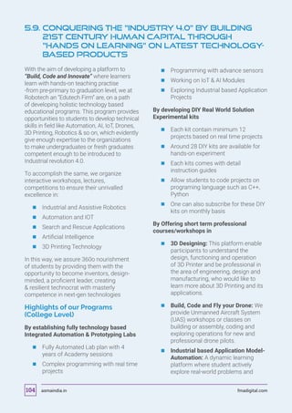 5.9. Conquering the “Industry 4.0” by building
21st Century Human Capital through
“Hands on Learning” on latest technology-
based products
With the aim of developing a platform to
“Build, Code and Innovate” where learners
learn with hands-on teaching practise
-from pre-primary to graduation level, we at
Robotech an “Edutech Firm” are, on a path
of developing holistic technology based
educational programs. This program provides
opportunities to students to develop technical
skills in field like Automation, AI, IoT, Drones,
3D Printing, Robotics  so on, which evidently
give enough expertise to the organizations
to make undergraduates or fresh graduates
competent enough to be introduced to
Industrial revolution 4.0.
To accomplish the same, we organize
interactive workshops, lectures,
competitions to ensure their unrivalled
excellence in:
	 	Industrial and Assistive Robotics
	 	Automation and IOT
	 	Search and Rescue Applications
	 	Artificial Intelligence
	 	3D Printing Technology
In this way, we assure 360o nourishment
of students by providing them with the
opportunity to become inventors, design-
minded, a proficient leader, creating
 resilient technocrat with masterly
competence in next-gen technologies
Highlights of our Programs
(College Level)
By establishing fully technology based
Integrated Automation  Prototyping Labs
	 	Fully Automated Lab plan with 4
years of Academy sessions
	 	Complex programming with real time
projects
	 	Programming with advance sensors
	 	Working on IoT  AI Modules
	 	Exploring Industrial based Application
Projects
By developing DIY Real World Solution
Experimental kits
	 	Each kit contain minimum 12
projects based on real time projects
	 	Around 28 DIY kits are available for
hands-on experiment
	 	Each kits comes with detail
instruction guides
	 	Allow students to code projects on
programing language such as C++,
Python
	 	One can also subscribe for these DIY
kits on monthly basis
By Offering short term professional
courses/workshops in
	 	 3D Designing: This platform enable
participants to understand the
design, functioning and operation
of 3D Printer and be professional in
the area of engineering, design and
manufacturing, who would like to
learn more about 3D Printing and its
applications.
	 	 Build, Code and Fly your Drone: We
provide Unmanned Aircraft System
(UAS) workshops or classes on
building or assembly, coding and
exploring operations for new and
professional drone pilots.
	 	 Industrial based Application Model-
Automation: A dynamic learning
platform where student actively
explore real-world problems and
asmaindia.in fmadigital.com104
 