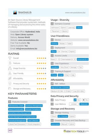 113
www.verussolutions.biz
Corporate Office: Hyderabad, India
Area: Open Library system
Delivery: Across World
Website: www.verussolutions.biz
Free Trial Available: No
Demo Available: Yes
Email: info@verussolutions.biz
RATING
KEY PARAMETERS
An Open Source Library Management
Software that provides systematic methods
of managing and accessing the entire tasks
of a library.
Overall
Features
Usage Diversity
User Friendly
Affordability
Privacy and Security
Storage and Recovery
Features
Fee CollectionPeriodical Management
Search Functionality Unicode Compliance
Serial/Barcoding Management
Books Management or Categorization
Library Card Generation Kiosk Integration
Features Covered
Cloud
Affordability
Data Privacy and Security
Storage and Recovery
High (0.01 Mn - 0.29 Mn)
Automated
Desktop
Cloud
Excellent
Tablet
On - Premise
Very Good
Mobile
Hybrid
Basic (1 - 3) Intermediate (4 - 5) Advanced (6 +)
Average Fair
Manual
Medium (0.3 Mn - 0.79 Mn) Low (0.8 + Mn)
Hybrid
Usage - Diversity
Admission Library
Placement Alumni
Admin Learning
User Friendliness
Phone Chat HelpEmail
Training  Support
User Experience
Deployment
Device
Domains Covered
INR - Million
Storage Hosting
Disaster Recovery and Data Backup
Access Levels
Limited Elaborate
Yes NoData Privacy
User Metrics
On - Premise Hybrid
Membership / Dash. Inventory Management
 