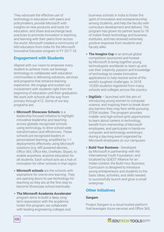They advocate the effective use of
technology in education with peers and
policymakers, provide Microsoft with
insights on new products and tools for
education, and share and exchange best
practices to promote innovation in teaching
and learning with their peers from across
the world. Microsoft created a community of
660 educators from India for the Microsoft
Innovative Educator program in FY 2017-18.
Engagement with Students
Aligned with our vision to empower every
student to achieve more, we leverage
technology to collaborate with education
communities in delivering solutions, services
and programs that enhance learning
experience. We engage and sustain our
involvement with students right from the
beginning of education until their graduation.
We work with schools all the way from
primary through K12. Some of our key
programs are:
 Microsoft Showcase Schools is a
leadership-focused initiative to highlight
innovative leadership and teaching
across globally recognized schools
using technology, to drive school-wide
transformation and efficiencies. These
schools are recognized leaders in
personalized learning, amplified by 1:1
deployments effectively using Microsoft
solutions (e.g. MS powered devices,
Office 365, Office Mix, OneNote, Skype), to
enable anywhere, anytime education for
all students. Each school acts as a hub of
innovation for other schools in that region.
 Microsoft schools are the schools with
aspirations for one-to-one learning. They
are opening doors to use technology for
teaching so they are at the first step to
become Showcase school eventually.
 The Microsoft Academia Accelerator
program aims to build a deep, long-
term association with the academia.
Under this program, we collaborate
with leading engineering colleges and
business schools in India to foster the
spirit of innovation and entrepreneurship
among students, and help the faculty with
curriculum development and delivery. The
program has grown its partner base to 18
of India’s finest technology and business
institutes, and has received extremely
positive response from students and
faculty alike.
 The Imagine Cup is an annual global
competition sponsored and hosted
by Microsoft to bring together young
technologists worldwide to team up and
use their creativity, passion and knowledge
of technology to create innovative
applications to help resolve some of the
world’s toughest challenges. In 2018
10,000 students registered from many
schools and colleges across the country.
 DigiGirlz – launched with the aim of
introducing young women to computer
science, and inspiring them to break down
any barriers they may face while pursuing
STEM studies. The program provides
middle- and high-school girls opportunities
to learn about careers in technology,
benefit from mentorship of Microsoft
employees, and participate in hands-on
computer and technology workshops
during a day-long event organized by
Microsoft employees on our campuses.
 Build Your Business - Developed
by Microsoft in partnership with the
International Youth Foundation, and
localized by QUEST Alliance for an
Indian context, the Build Your Business
Curriculum is designed to introduce
young entrepreneurs and students to the
basic ideas, activities, and skills needed
to successfully launch and grow a small
enterprise.
Other Initiatives
Sangam
Project Sangam is a cloud hosted platform
that leverages Azure services and Office 365,
121
 